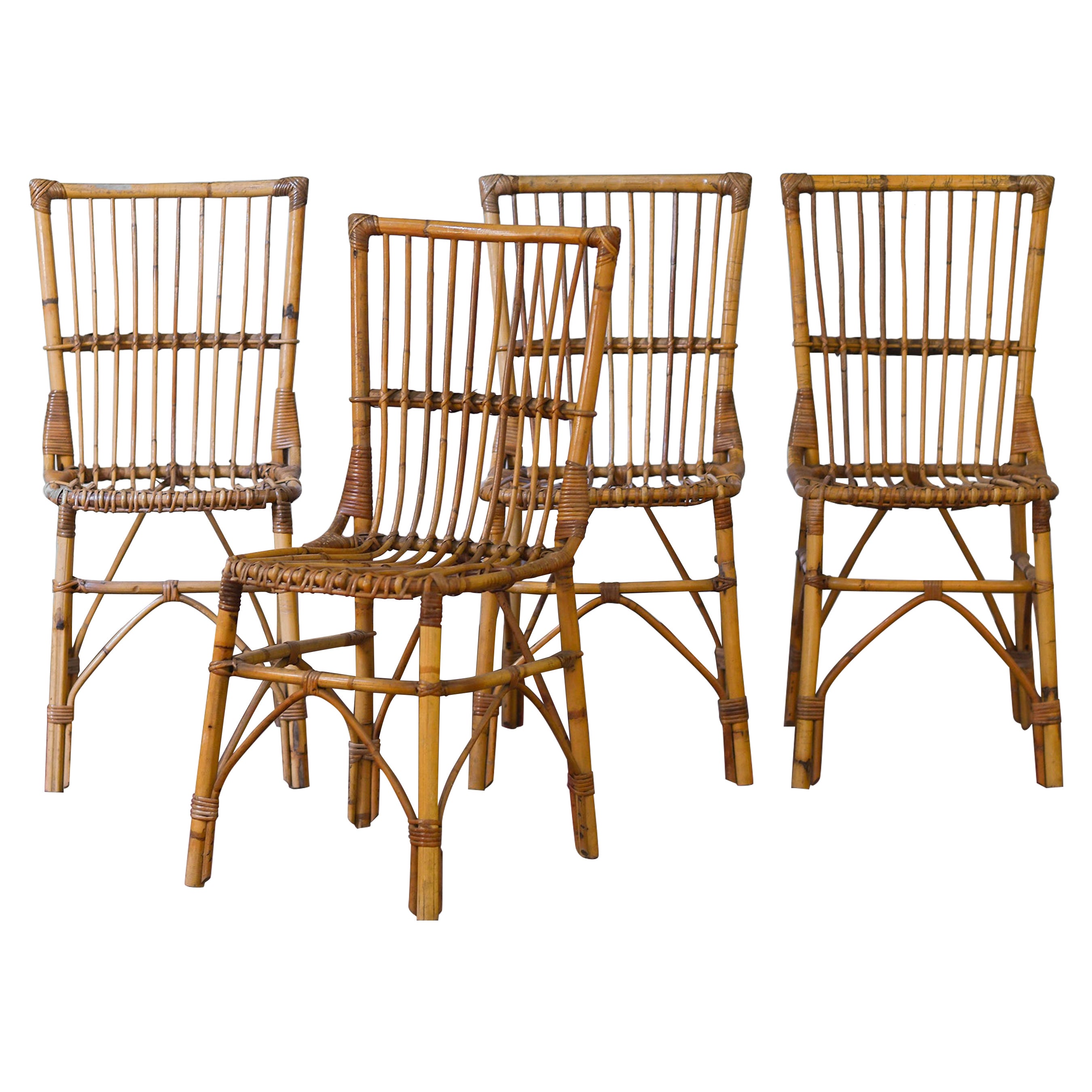 Set Of 4 Rattan Chairs With Squared Backs, 1980  