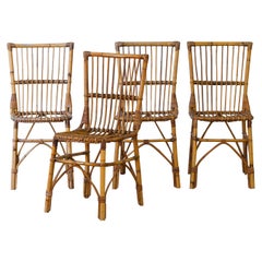 Vintage Set Of 4 Rattan Chairs With Squared Backs, 1980  