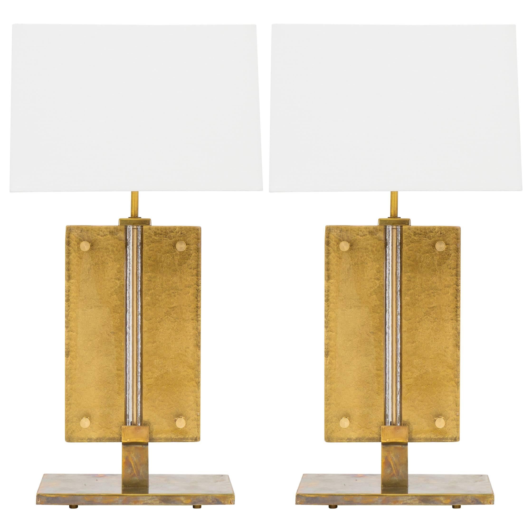 Pair of Murano Gold-Leafed Glass Slab Table Lamps