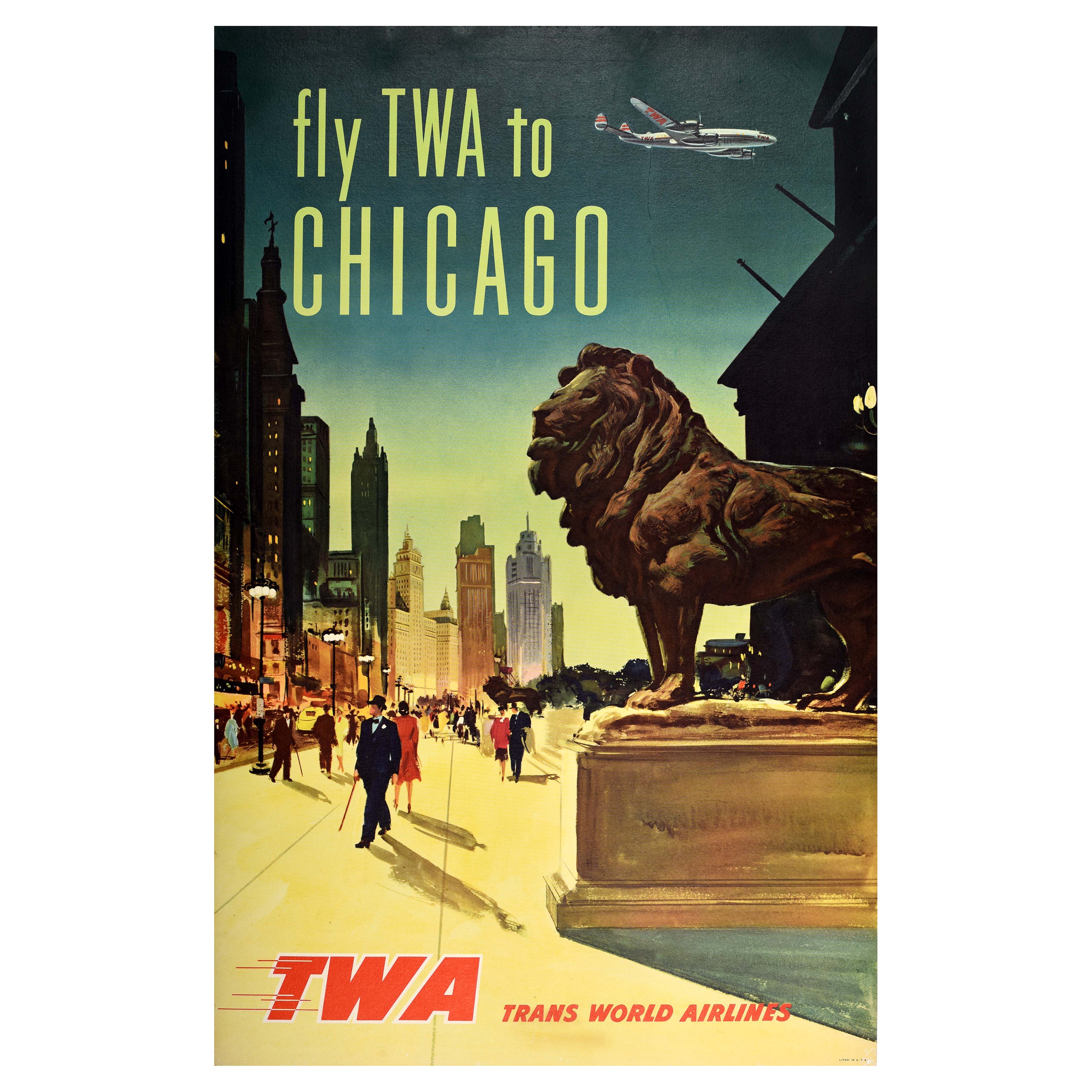 Poster di viaggio originale d'epoca Chicago TWA Trans World Airlines Constellation