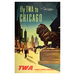 Affiche rétro originale de voyage Chicago TWA Trans World Airlines Constellation
