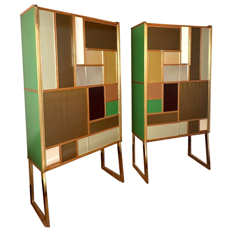 Late 20th Century Pair of Italian Wood, Brass, Mirror & Opaline Glass Cabinets For Sale