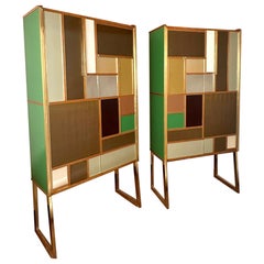 Vintage Late 20th Century Pair of Italian Wood, Brass, Mirror & Opaline Glass Cabinets