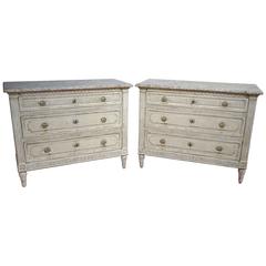 Pair of 19th Century Louis XVI Carved Painted Commodes with Faux Marble Top