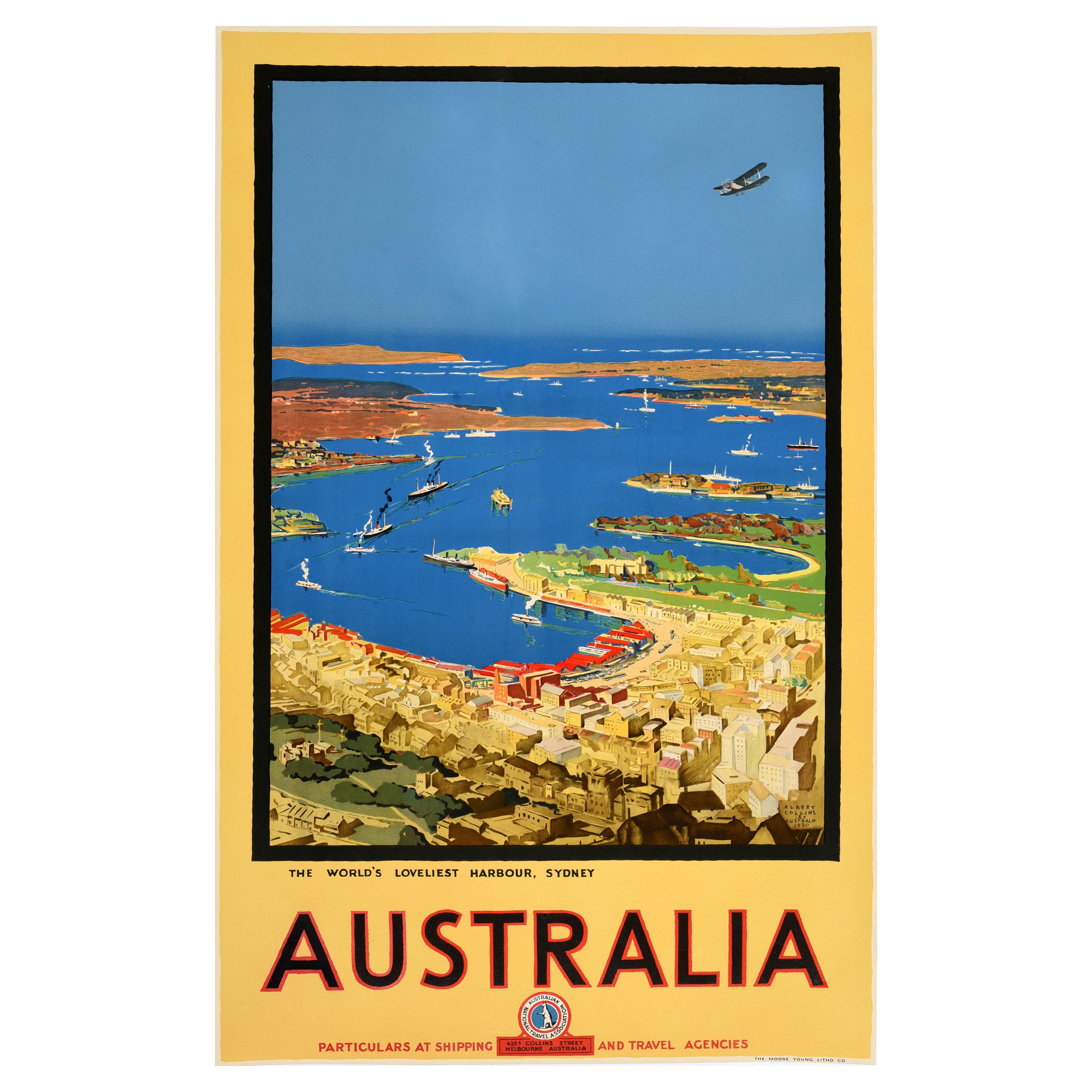 Original Vintage Travel Poster Australia Sydney Loveliest Harbour Art Deco