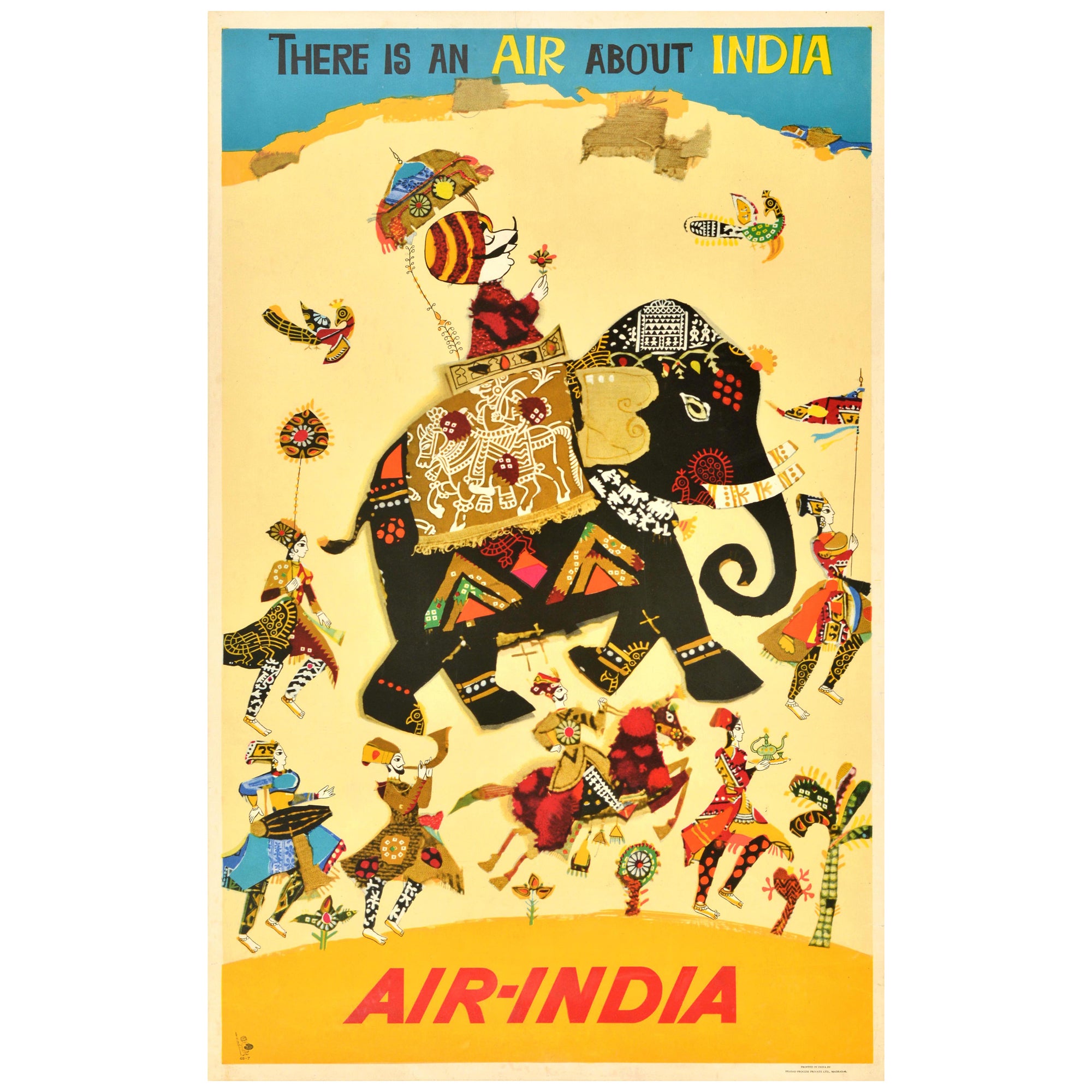 Affiche rétro originale de voyage Asie Air India Air About India Elephant Maharajah