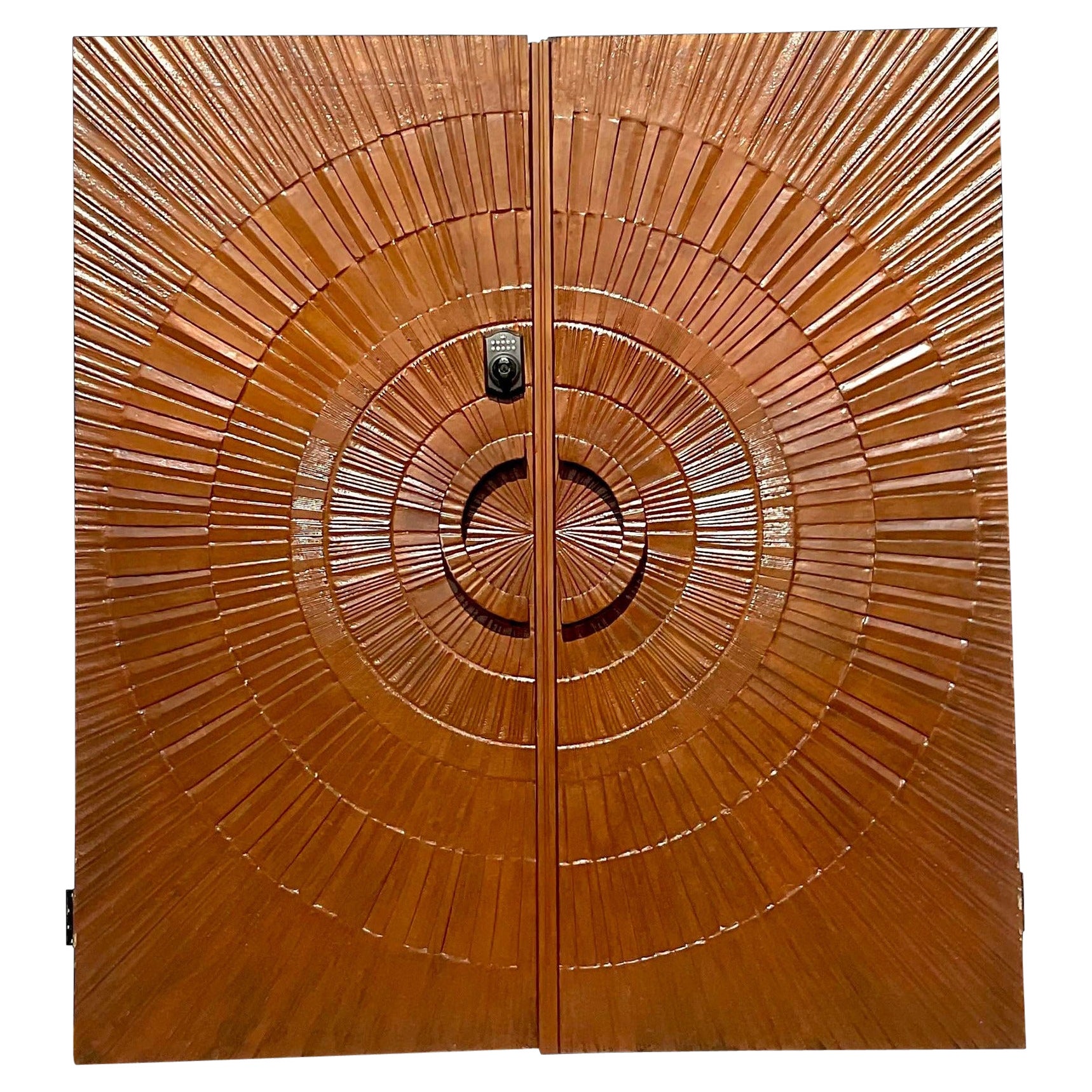 Vintage 1971 Boho “Heroic Sunburst” Bronzed Resin Over Wood Doors - a Pair