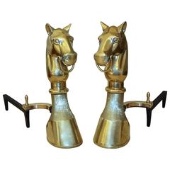 Pair of Heavy Brass Horse Equestrian Andirons