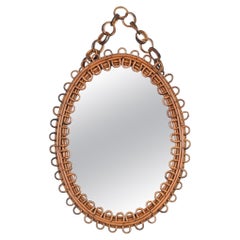 French Riviera Oval Curved Rattan Mirror with Chain, Italy 1960s