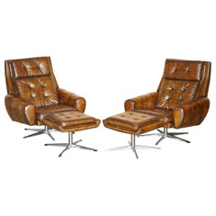PAIR OF RESTORED MiD CENTURY MODERN BROWN LEATHER SWIVEL ARMCHAIRS & FOOTSTOOLS