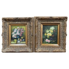 Pair of Vintage French Signed Still Life Floral Paintings in Carved Gilt Frames