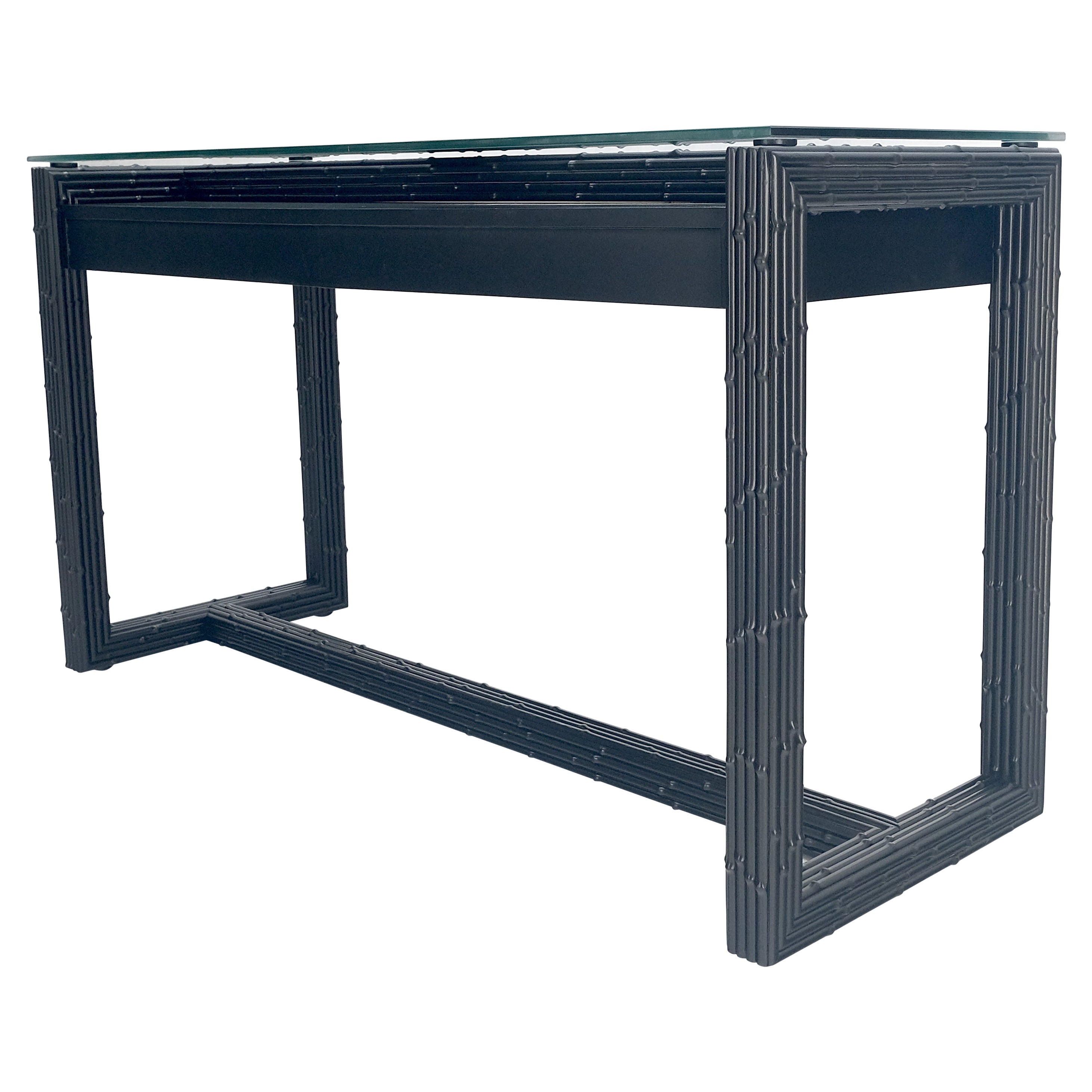Ebonized Faux Bamboo Reed Two Door Glass Top Console Sofa Table MINT! For Sale