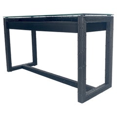 Ebonized Faux Bamboo Reed Two Door Glass Top Console Sofa Table MINT!