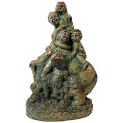 Sculpture en poterie de céramique Terraco à chevalet représentant un satyre grec mythologique avec enfants