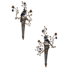 Vintage Porcelain Blue and White Bird Sconces 