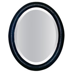 Antique French Oval Mirror Black Beveled Original Foxed Glass