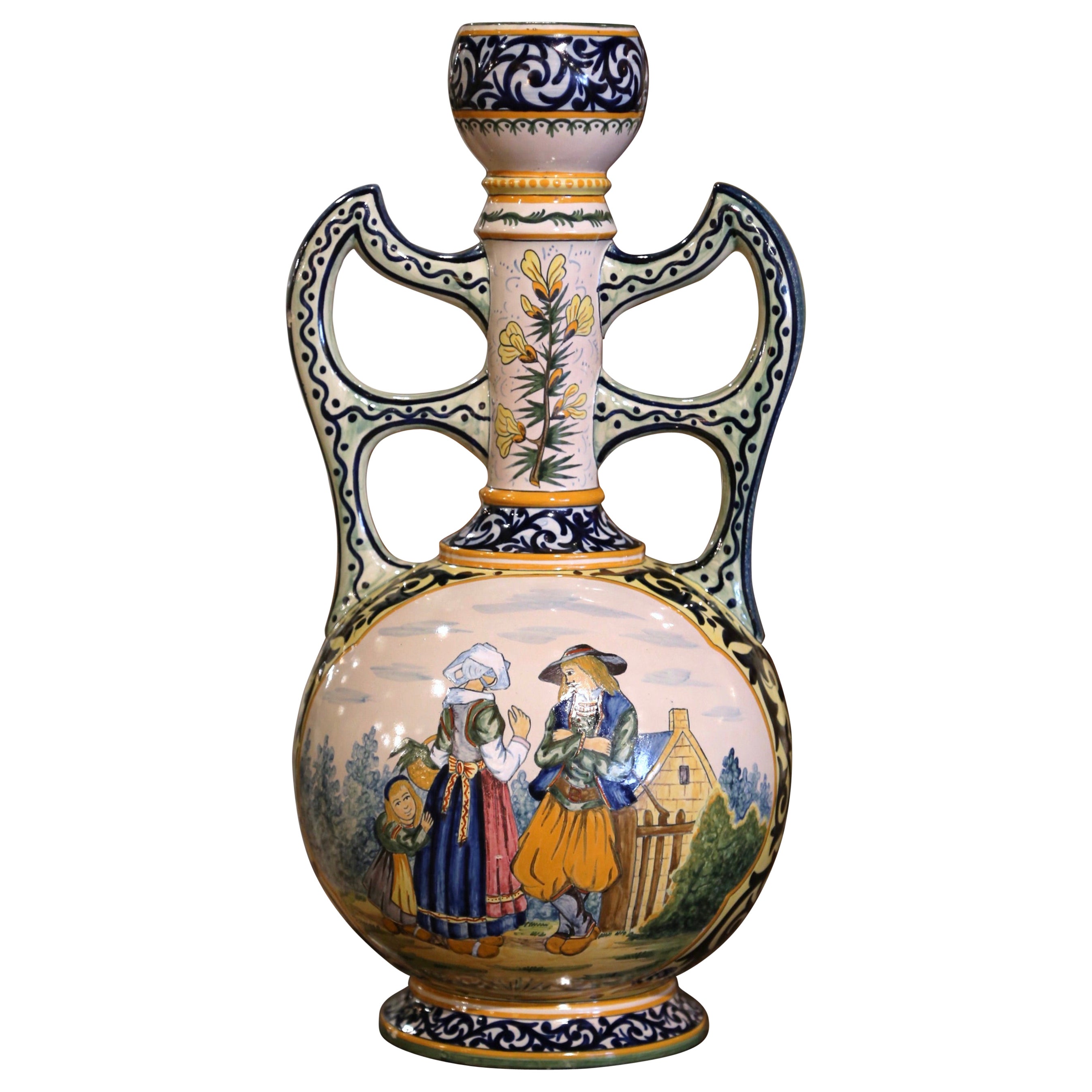 Vaso di maiolica francese del XIX secolo dipinto a mano firmato Henriot Quimper