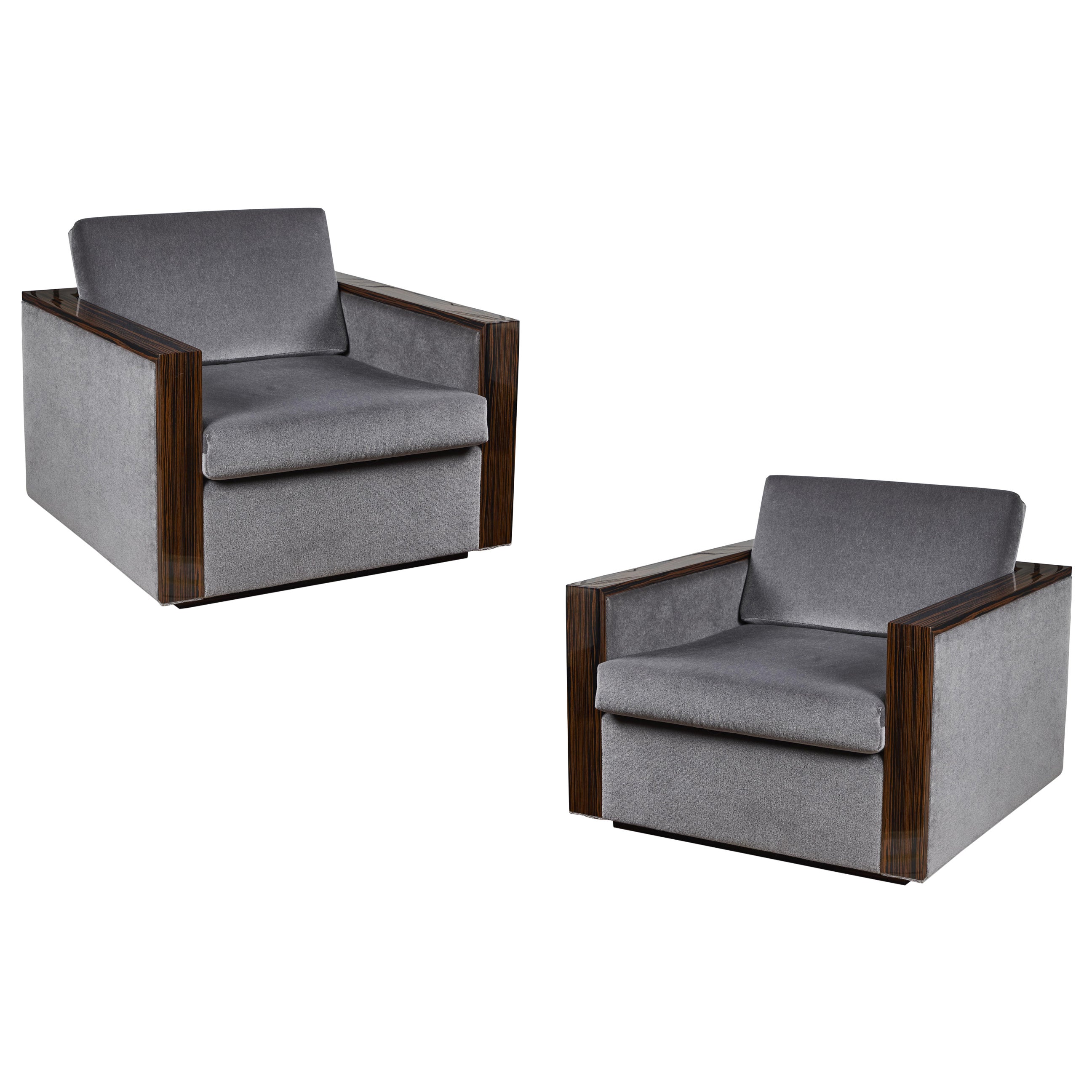 Pair of Custom Lounge chairs in Macassar Ebony and Mohair