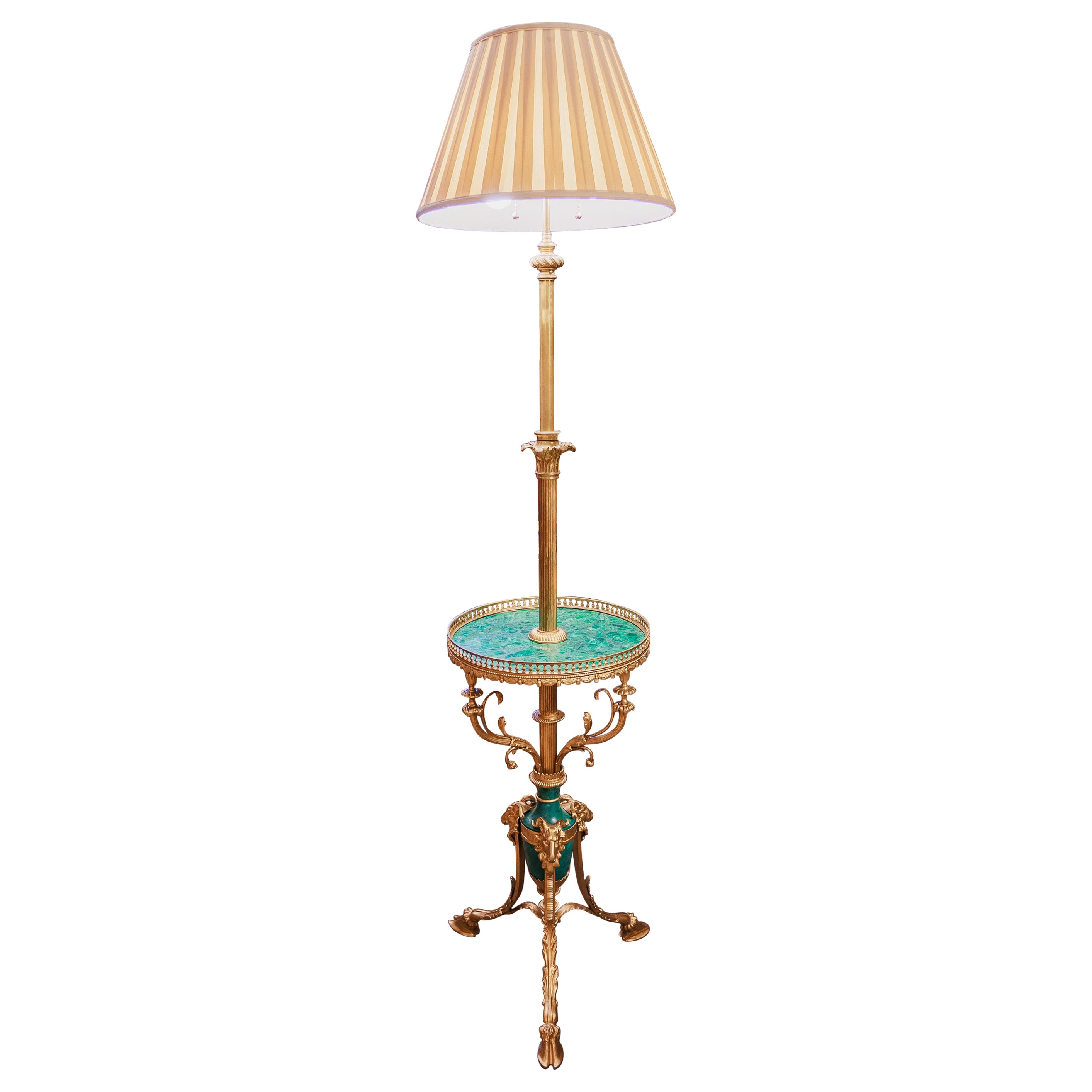 One of a  pair of 19th c  Louis XVI gilt bronze and malachite floor lamps