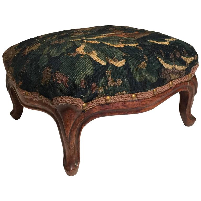 19th Century Walnut Foot Stool Upholstered with Antique Aubusson