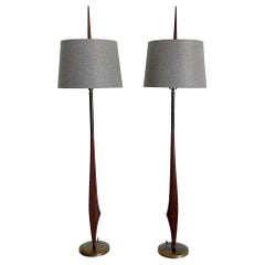 Extremely Tall Mid-Century Walnut and Brass Table Lamps