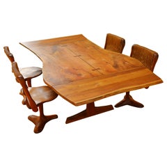 Vintage Custom Walnut & Rush Sculptural Dining Table & Chair Set by Richard Rothbard