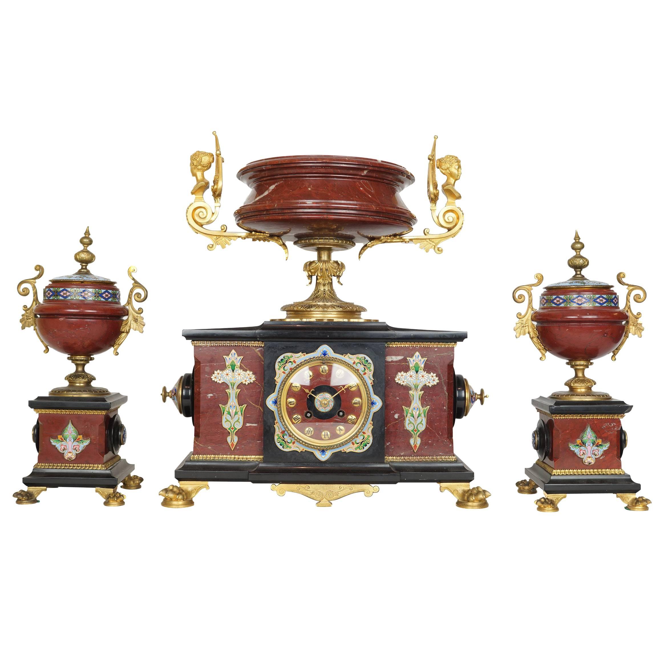 Three-Piece Rouge Marble, Bronze and Champleve Enamel Clock Ganiture Set