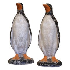 Pair of Mid-Century French Outdoor Weathered Painted Stone Penguin Sculptures