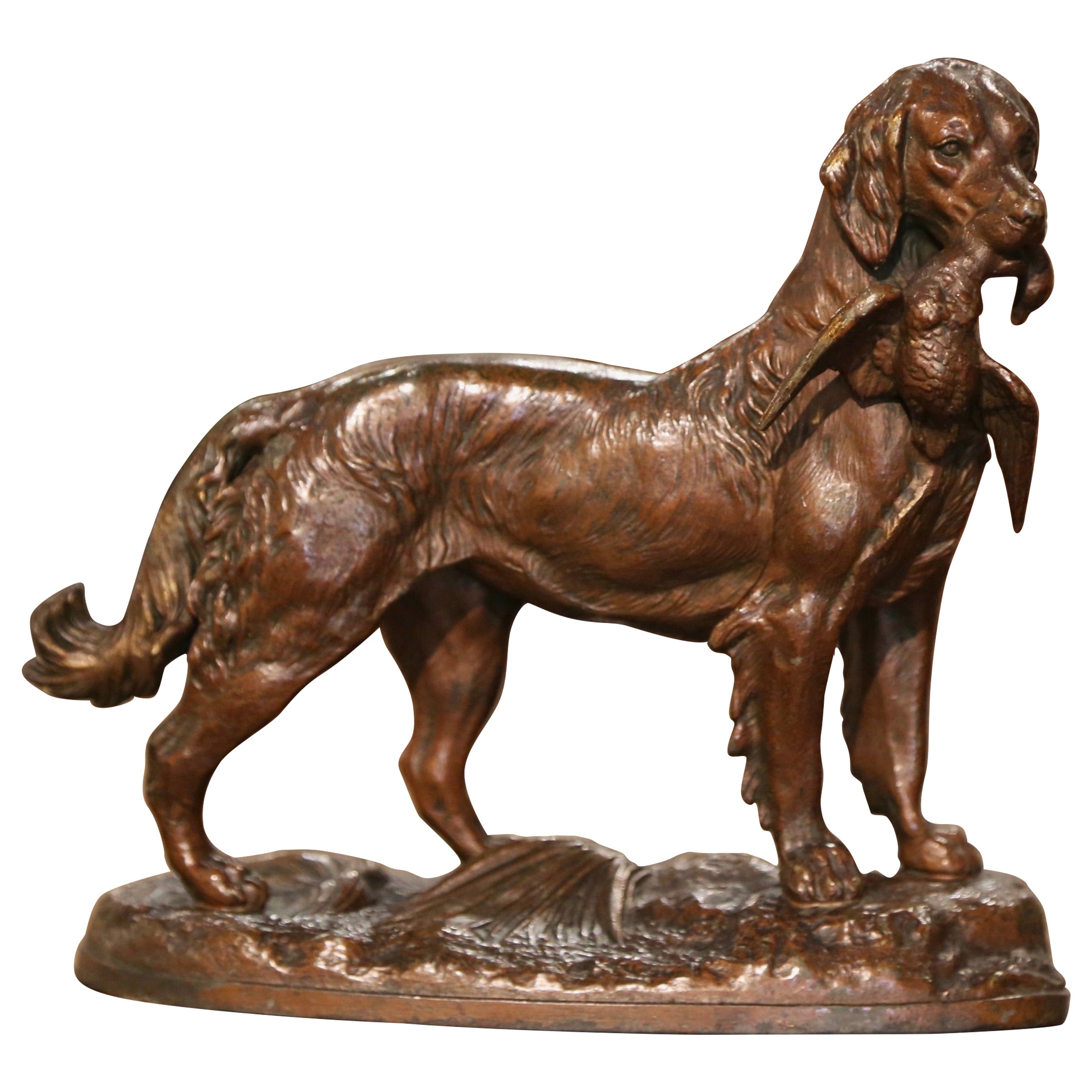 Composizione in spelta francese del XIX secolo con cane da caccia e uccello, stile J. Moigniez