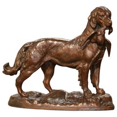 Composizione in spelta francese del XIX secolo con cane da caccia e uccello, stile J. Moigniez