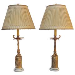 Pair of French Gilt Bronze and Marble Lamps