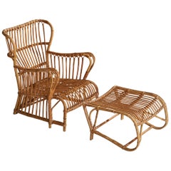 Vintage Danish Designer, Lounge Chair, Bamboo, Rattan, Denmark, 1940s