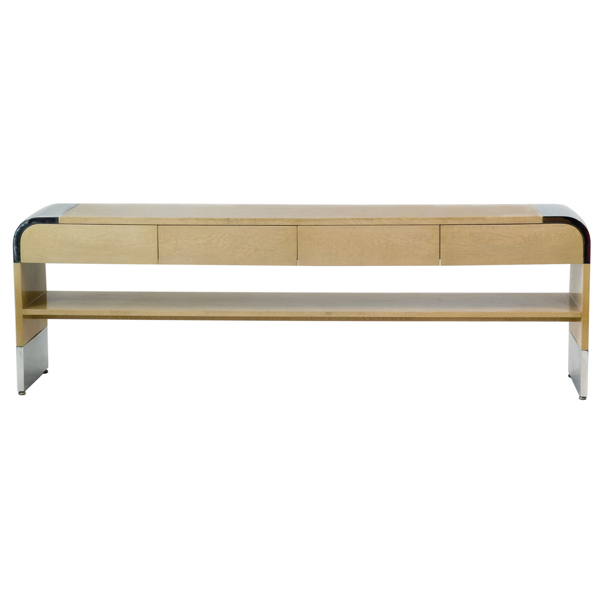 Modern Chrome and Birds Eye Maple Console 4-Drawer Table Pace Collection 1980s
