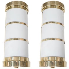 Pair of Cylindrical Wall Sconces in Frosted Acrylic and Brass