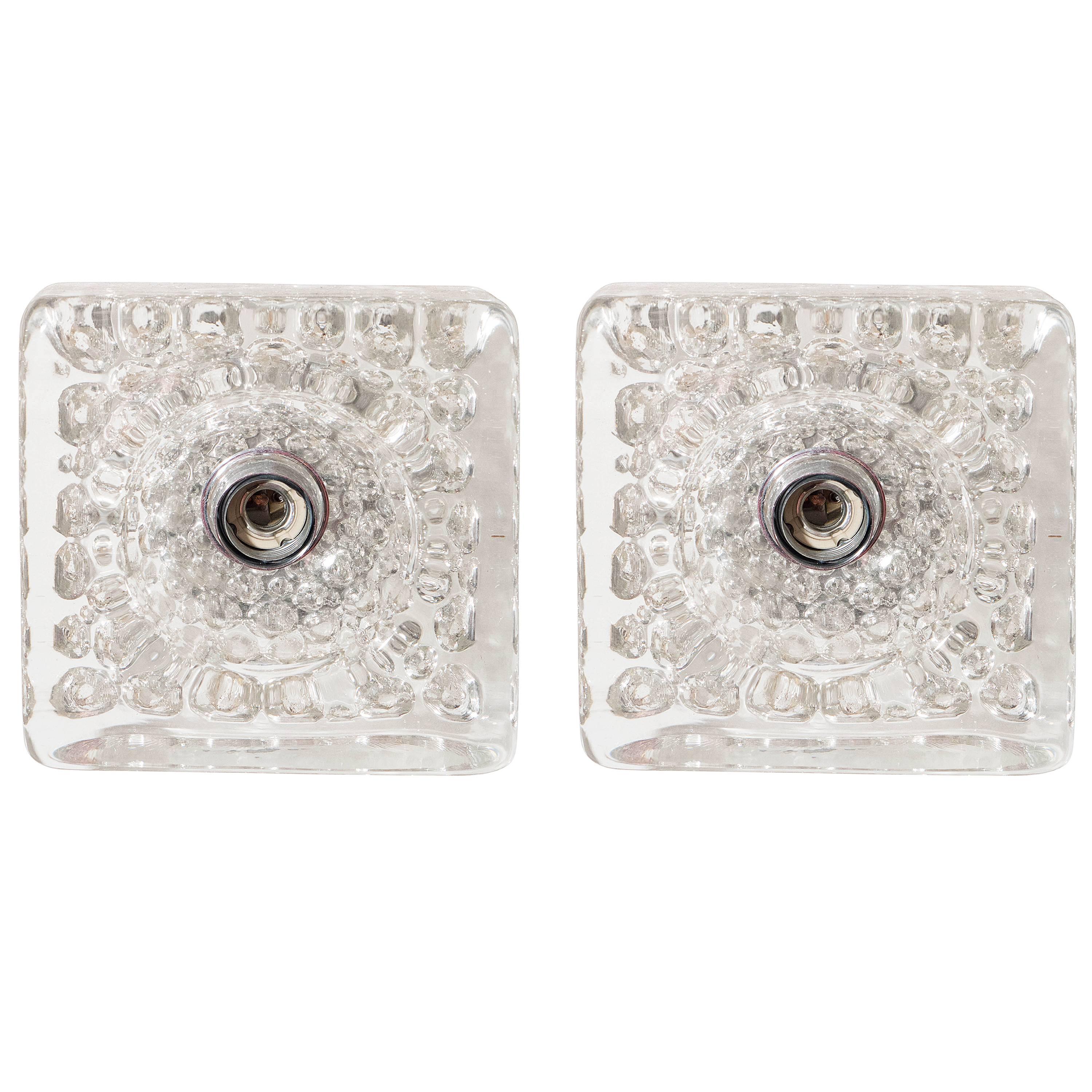 Pair of Bubble Glass Square Wall Sconces For Sale