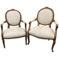 Used Near Pair of 19th Century French Carved Fruitwood Arm Chairs