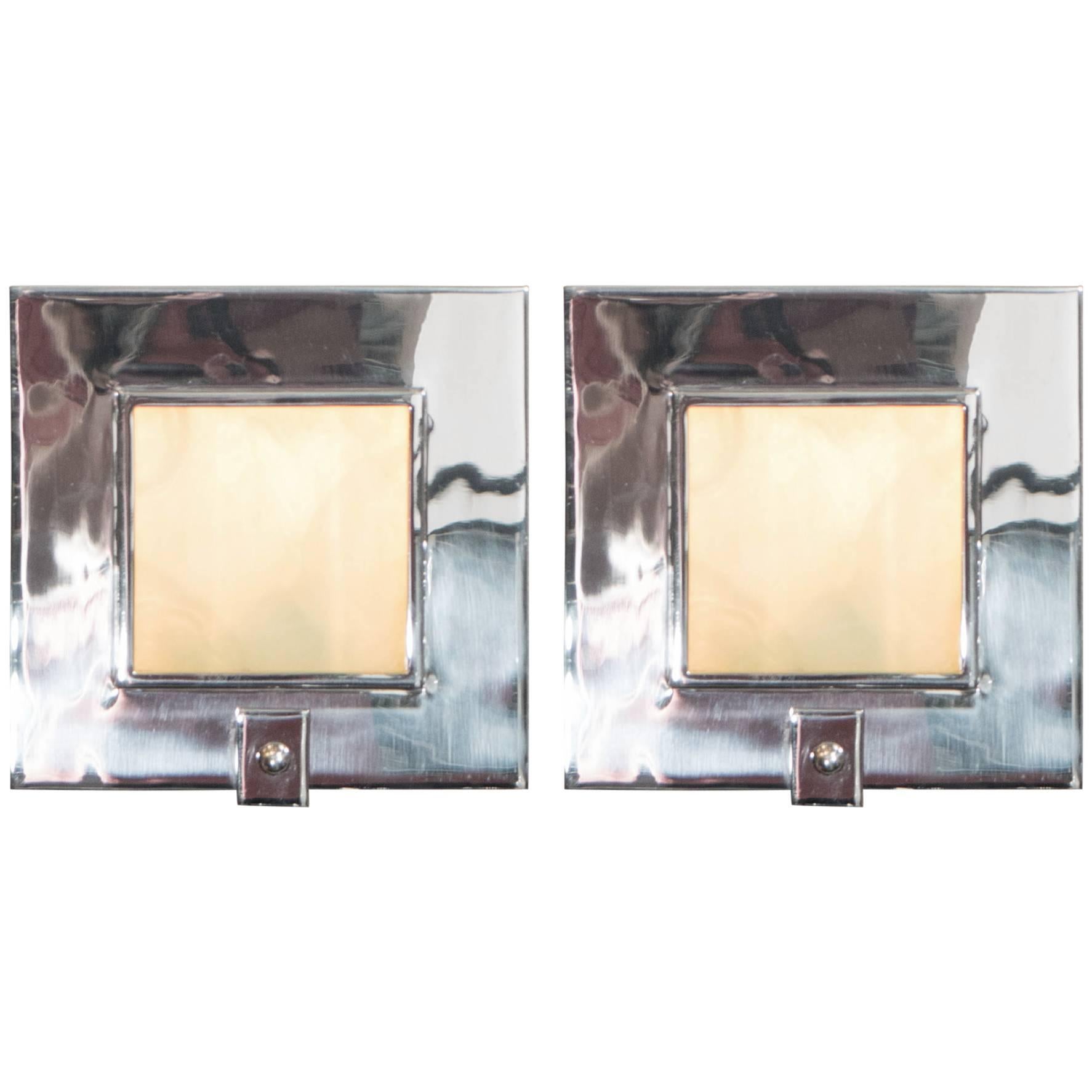 Pair of Contemporary Chrome and Glass Square Sconces by Theodore Alexander