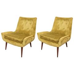 Pair of Midcentury Chartreuse Slipper Chairs on Tapered Legs