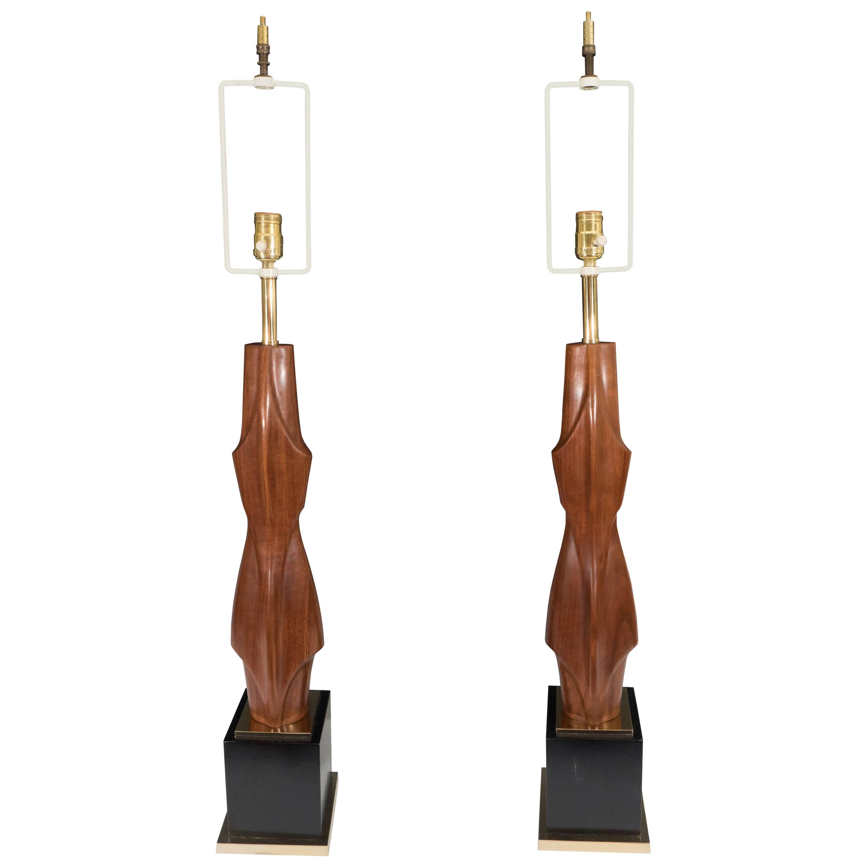 Pair of Laurel Abstract Wooden Table Lamps