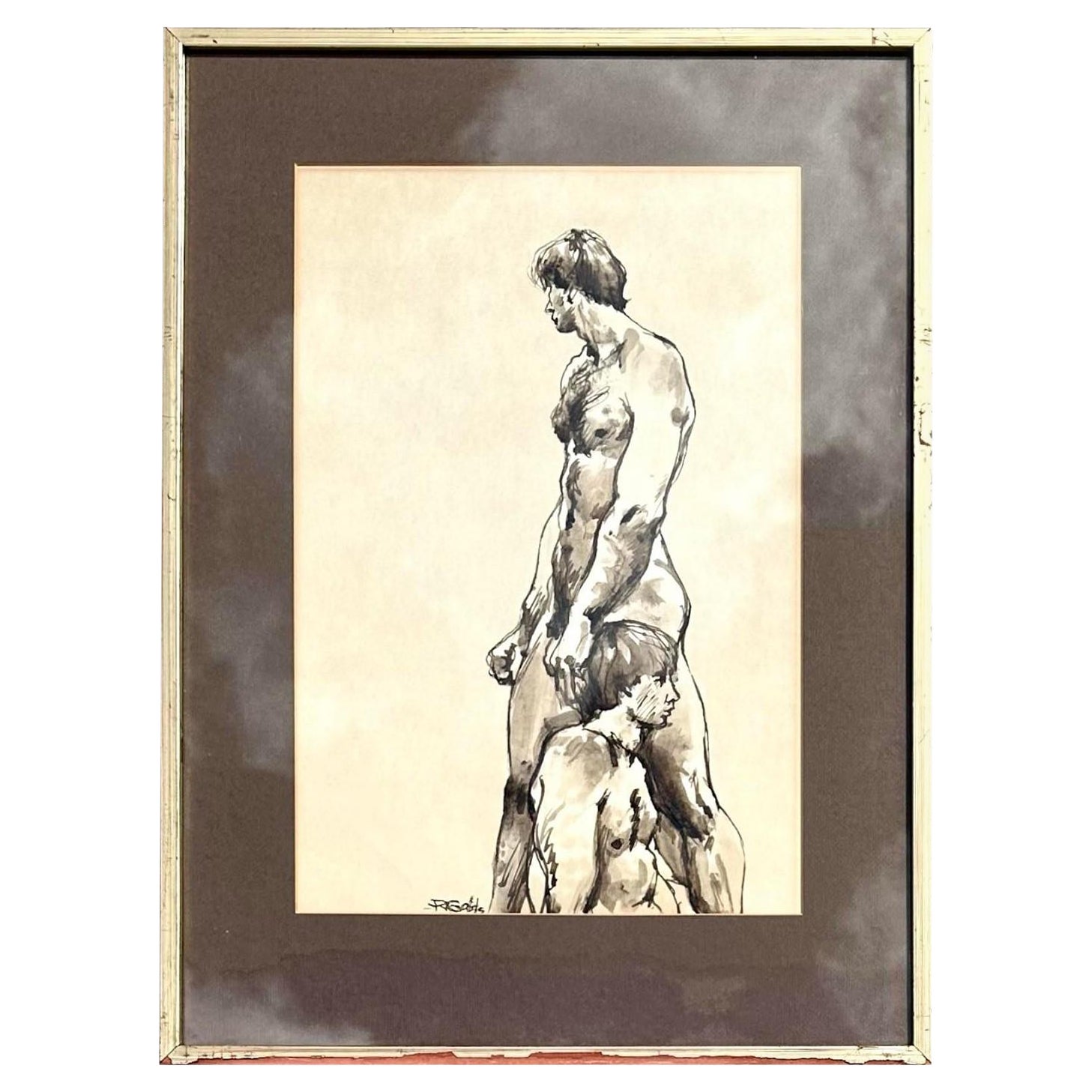 Vintage Boho Ink Figure Painting Signed by the Artist