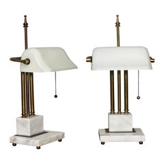 Vintage Art Deco Marble and Brass Bankers Desk Lamps with White Milk Glass Shades