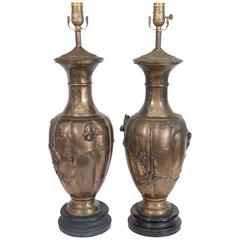 Late 19th - Early 20th Century Pair of Japanese Vase Lamps in Bronze
