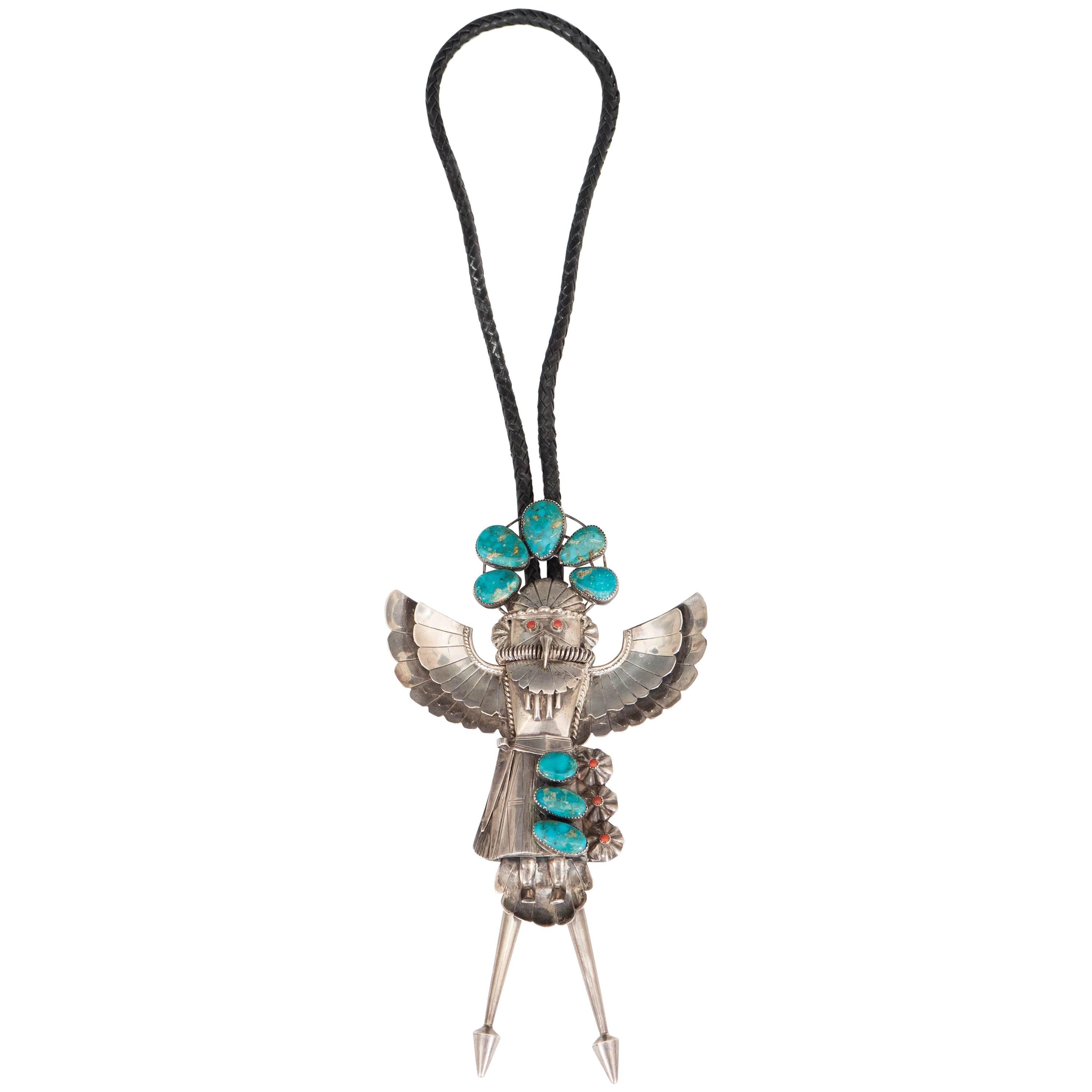 Huge Native American Silver Kachina Bolo Tie with Turquoise and Coral