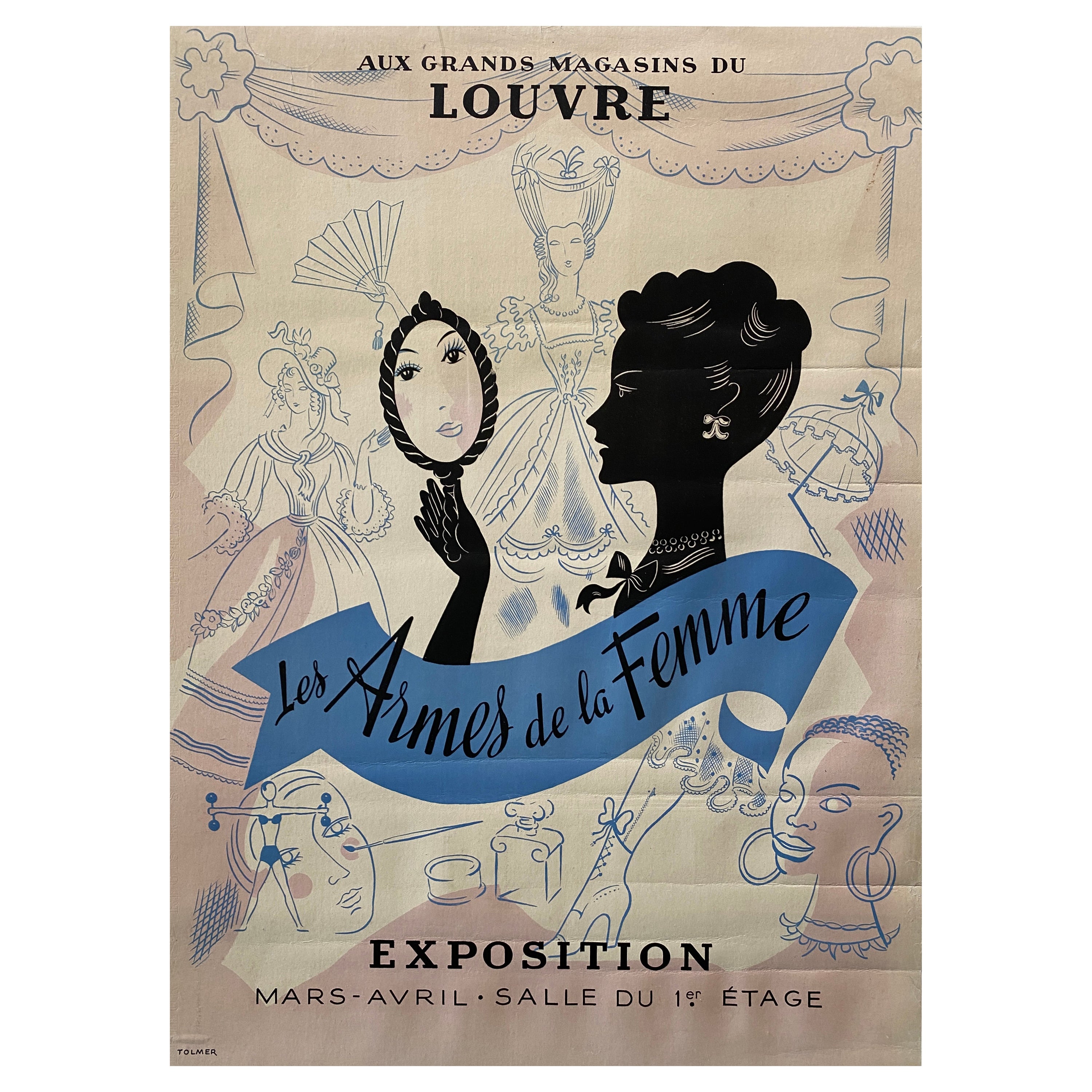 Original Vintage Art Deco Poster, 'Au Louvre Les Armes De La Femme', 1935