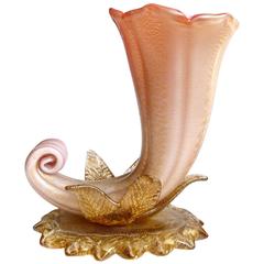 Venini Murano Signed Gold Flecks Pink Italian Art Glass Cornucopia Flower Vase 3