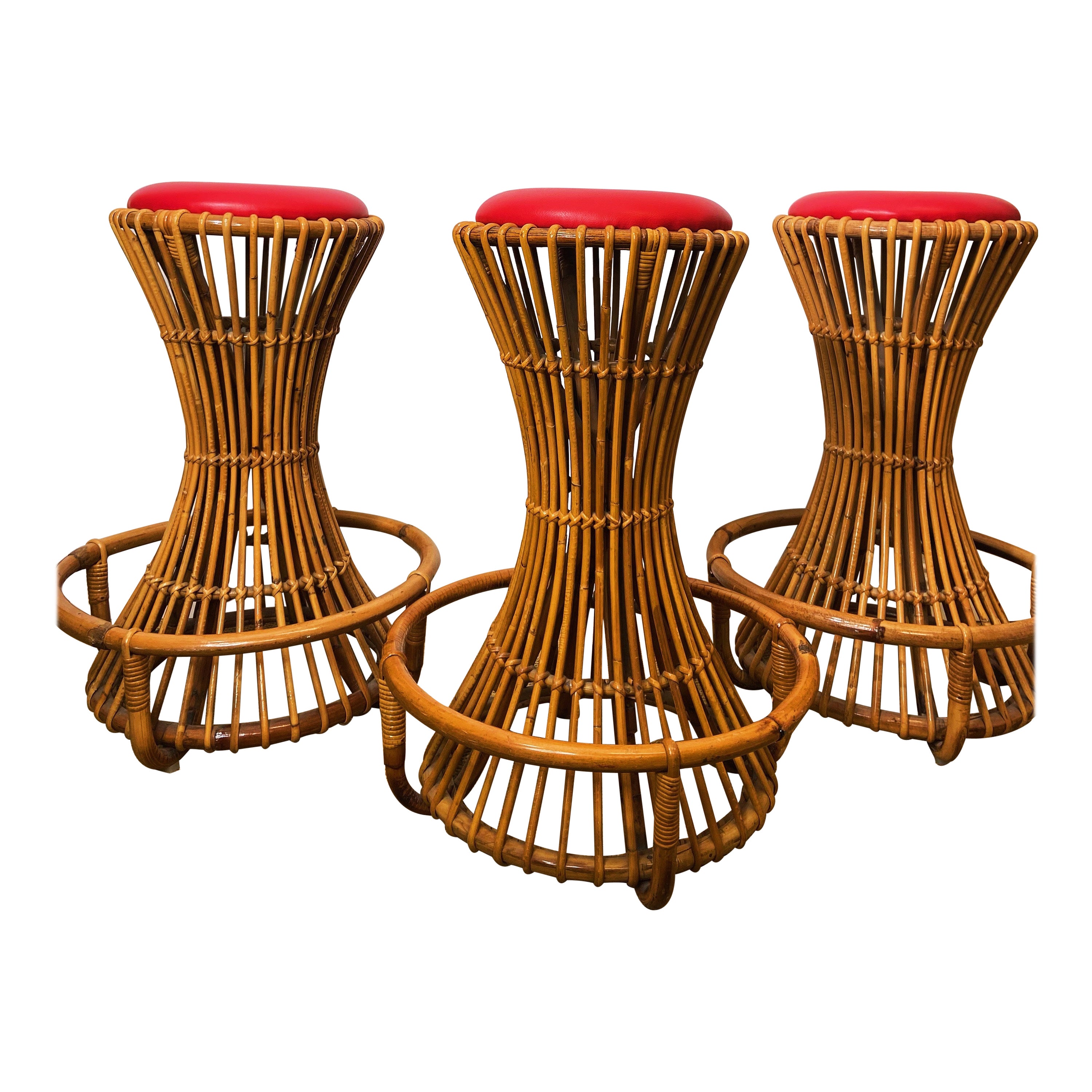 Set of 3 Tito Agnoli for Bonacina Bar Stools Bamboo & Rattan, Italy 1950s  