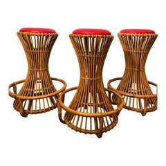 Set of 3 Tito Agnoli for Bonacina Bar Stools Bamboo & Rattan, Italy 1950s