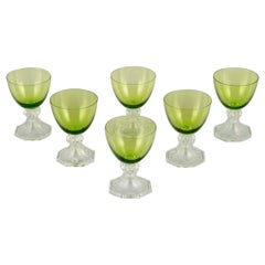 Vintage Val St. Lambert. Set of six white wine glasses in green and clear glass.