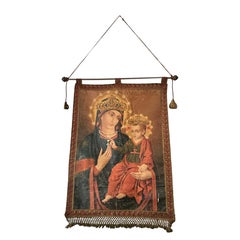 19th Century Italian Religious Banner Mary Jesus Oliograph Crowns Tassels