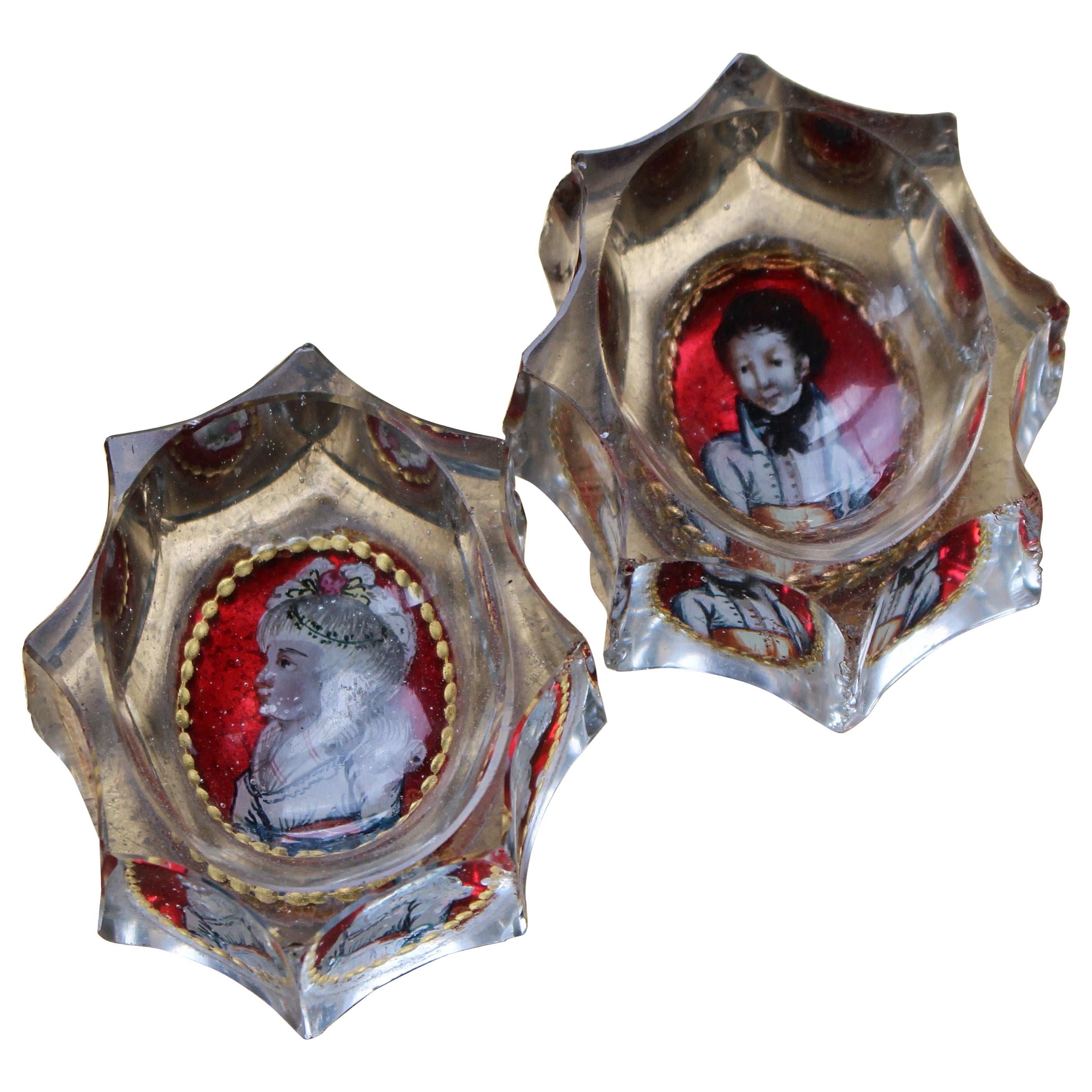 Verre peint à l'envers du XVIIIe siècle Georgian Lovers Open Salts Country House en vente